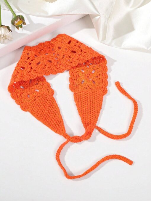 SHEIN 1pc Floral Hollow Knitted Headband, Minimalist (Orange)