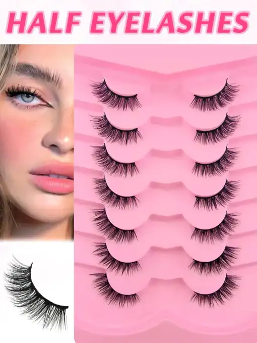 SHEIN 7 Pairs Full Strip Faux Mink False Eyelashes, 12mm Cat Eye Look Tail Elongated Half Lashes