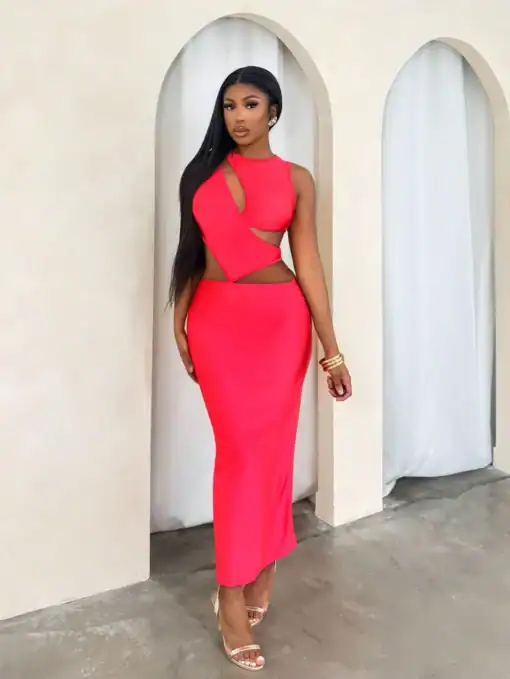 SHEIN Summer Sexy Solid Color Hollow Out Fitted Dress