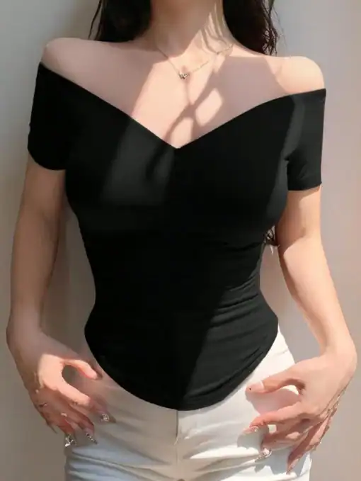 DAZY V-Neck Off Shoulder Fitted Solid Color T-Shirt For Women