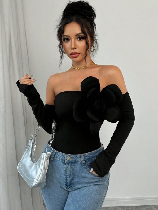 SHEIN 1pc Women's Solid Color Off Shoulder Bodysuit