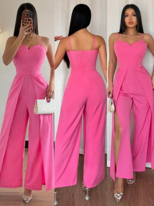 SHEIN Islaluna Women's Fashionable Versatile Spaghetti Strap V-Neck Cinched Waist Side Slit Straight Leg Jumpsuit