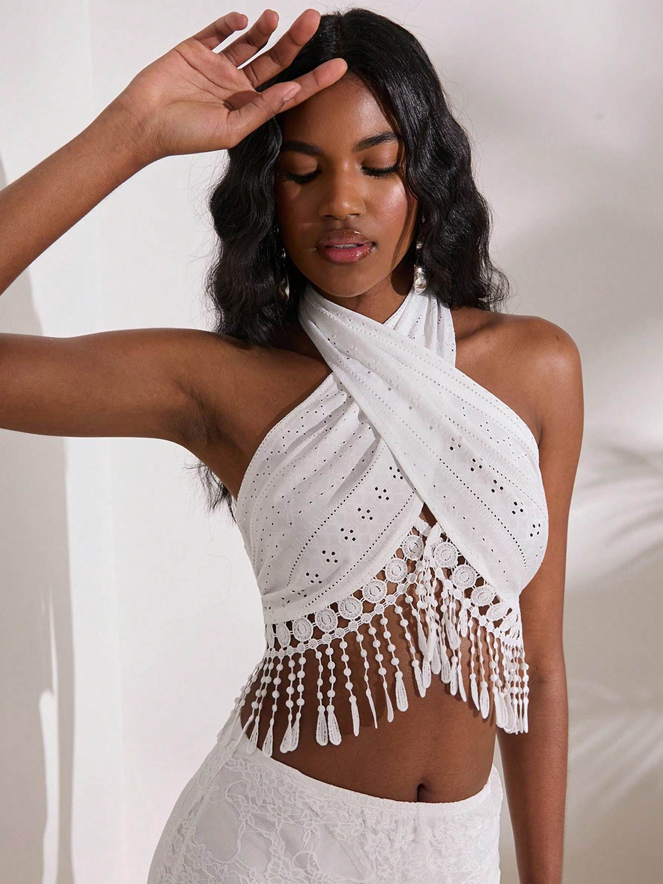 SHEIN Cross Tie Water-Soluble Lace Tassel Hem Crop Tank Top