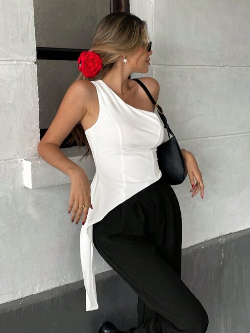 SHEIN Pariaura White Asymmetric Ruffled Hem Women Top