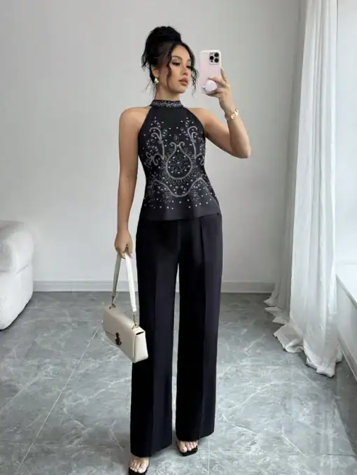 SHEIN 2pcs Floral Print Halter Top And Pants Fashion Set