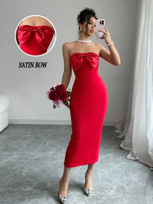 SHEIN Satin Decoration Strapless Red Tight High Stretch Dress