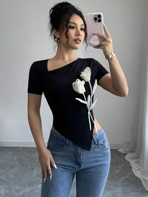 SHEIN Color Block Floral V-Neck Short Sleeve Fitted T-Shirt