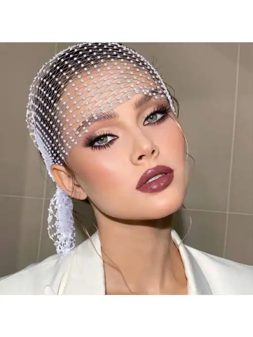 SHEIN Rhinestone Encrusted Fishnet Headband, Shiny Stretchy Crystal Club Party Headwear