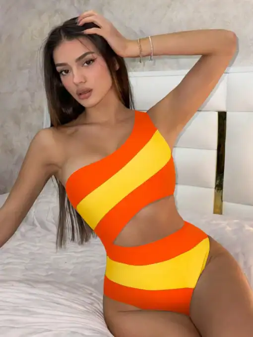 SHEIN Swim Solid Splicing Casual One-Piece Swimsuit Summer
