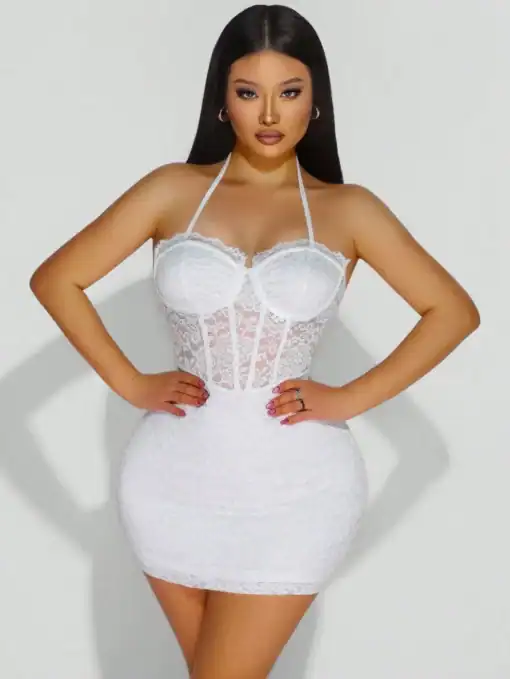 SHEIN Sirith Women's Slim Fit Lace Halter Mini Dress