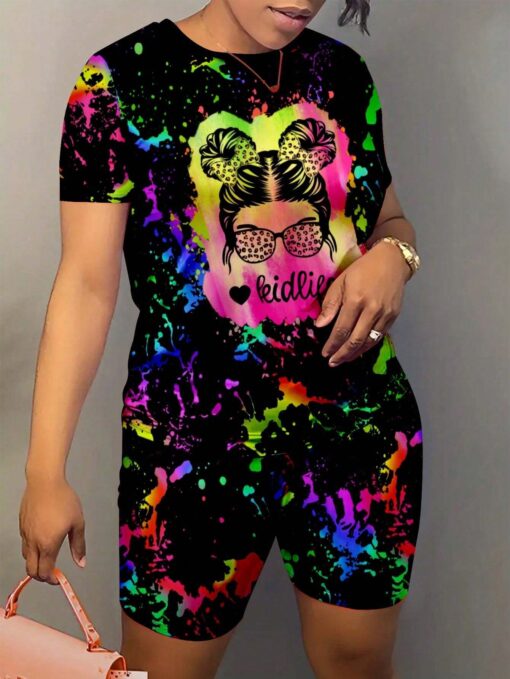 SHEIN 2pcs Set Neon Tie Dye & Portrait Printed Matching Top