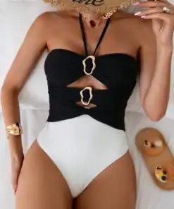 Swim Chiccia 1/2 Cup Strapless Hollow-Out Black & White One-Piece Sexy Elegant Swimsuit Summer