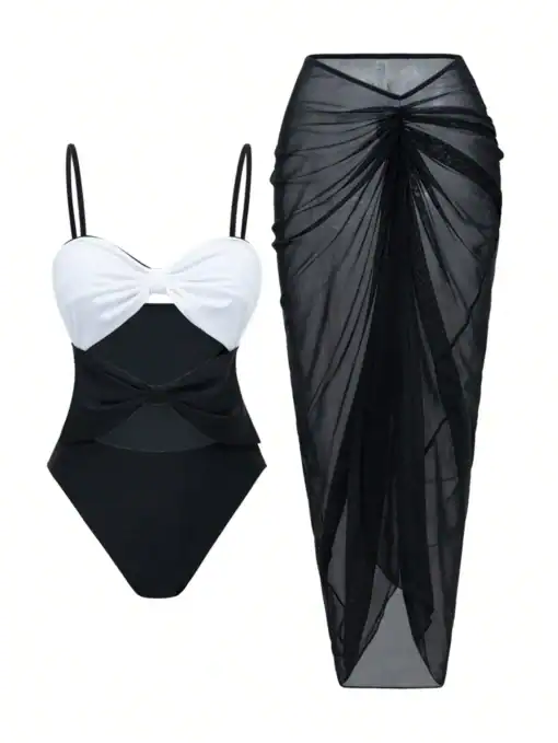SHEIN Swim 2pcs Set Colorblock Bow Decor One Piece Swimsuit