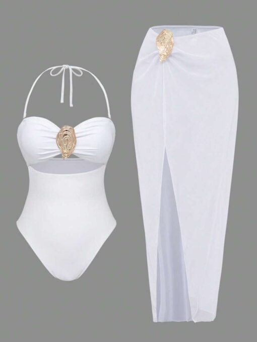 Swim Oasis Spring Break 2pcs Women Summer Solid Color Metal Decor Detachable Straps Cut-Out One Piece Swimsuit