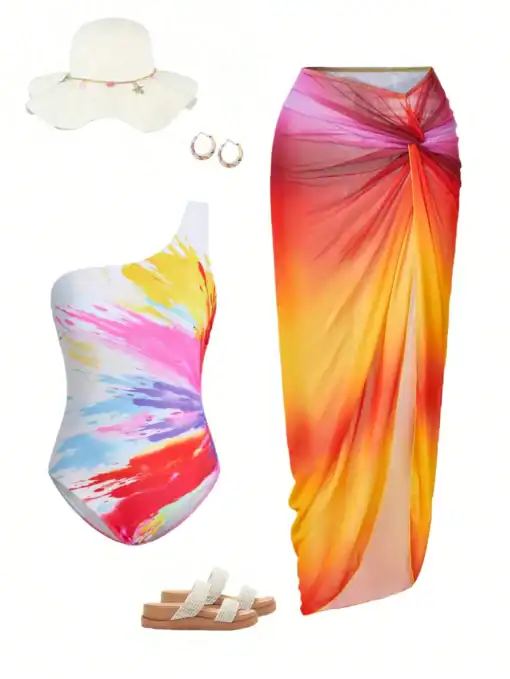 SHEIN Summer Vacation Beach Neon Printed One-Piece Swimsuit