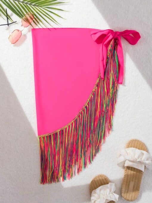SHEIN Swim Vcay Summer Clothes Women's Fringed Hem Patchwork Waist Tie Cover Up Skirt Summer