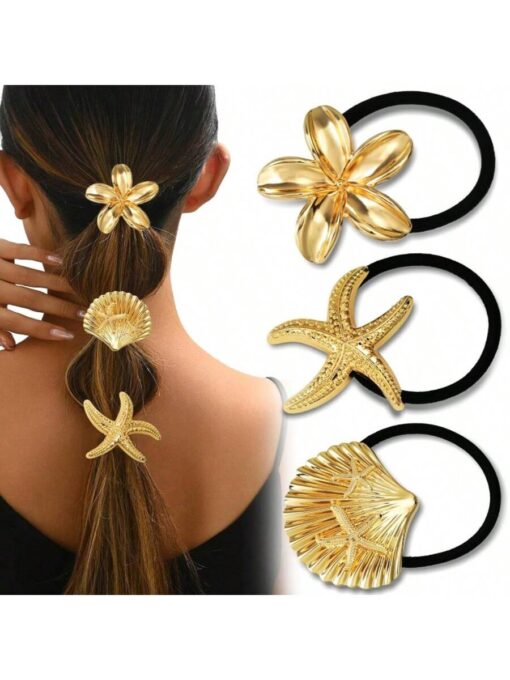 SHEIN 3PCS Gold Hair Ties Metal Hair Ties Geometric Design