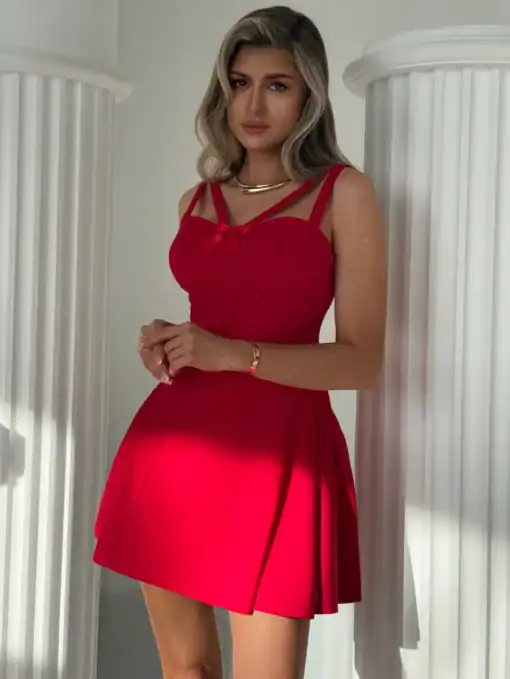 SHEIN Solid Color Hollow-Out Red Simple Mini Red Dress