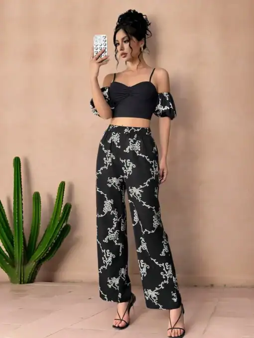 SHEIN 2pcs Women Printed Bandeau Top & Wide Leg Pants Set
