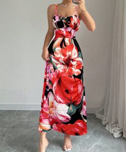 SHEIN Flower Print Slim Fit Spaghetti Strap Dress