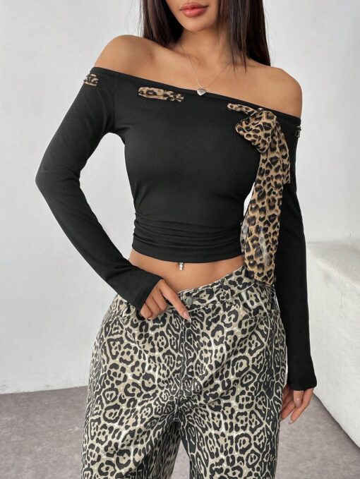 SHEIN Elegant Oblique Solid Color Contrasted Leopard Blouse