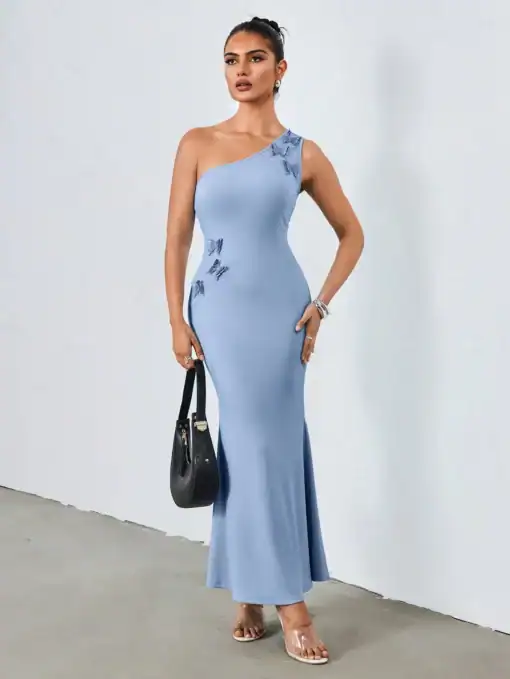 SHEIN One Shoulder Oblique Shoulder Butterfly Decor Long Dress