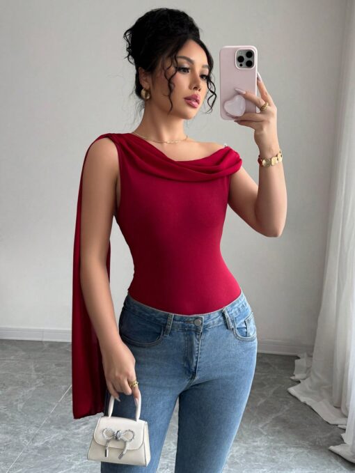 SHEIN Elegant Oblique Shoulder Plain Color Pleated Fitted T-Shirt