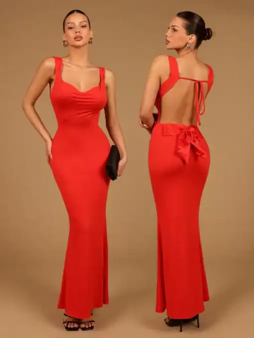 SHEIN Elegant Sexy Drop-Collar Halter Satin Bow Fishtail Dress