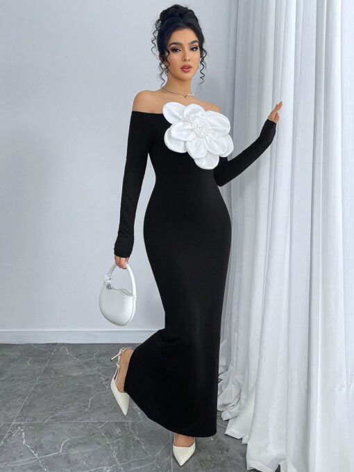 SHEIN Elegant Off Shoulder Floral Embellished Bodycon Dress