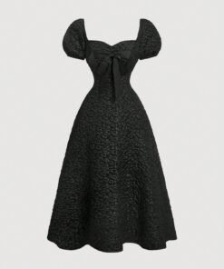 SHEIN MOD Women's Puff Sleeve Bowknot Textured Mid-Length Dress,Graduation Dress,Modest Dresses For Women