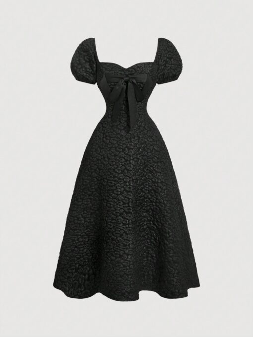 SHEIN MOD Women's Puff Sleeve Bowknot Textured Mid-Length Dress,Graduation Dress,Modest Dresses For Women