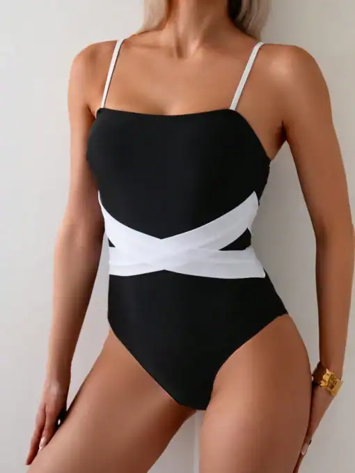 SHEIN 1pc Contrast-Color Crisscross Design One-Piece Swimsuit