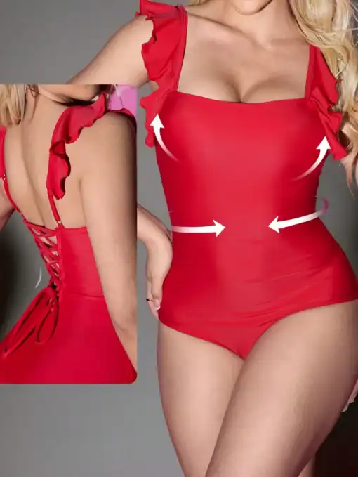 SHEIN 1pc Women Tummy Control Ruffle Trim Swimsuit