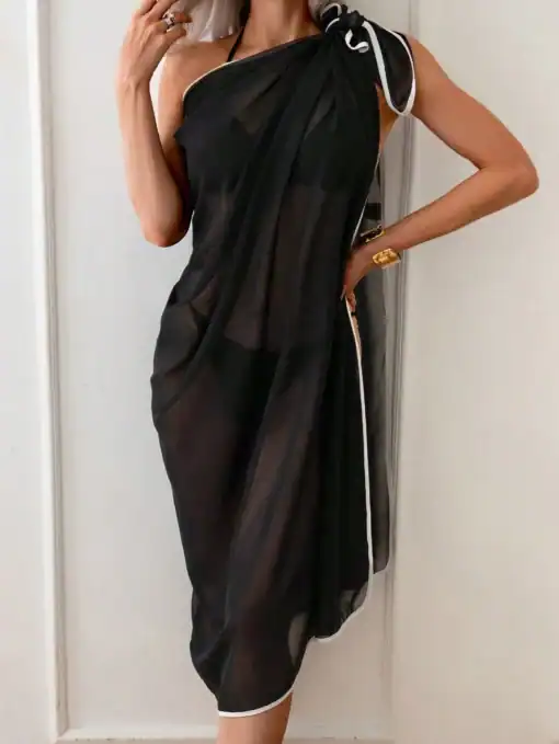SHEIN Women Solid Trim Contrast Color Modest Chiffon Cover-Up