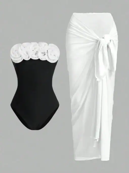 Swim Oasis Romantic 3D Flower Print Halter One-Piece Swimsuit