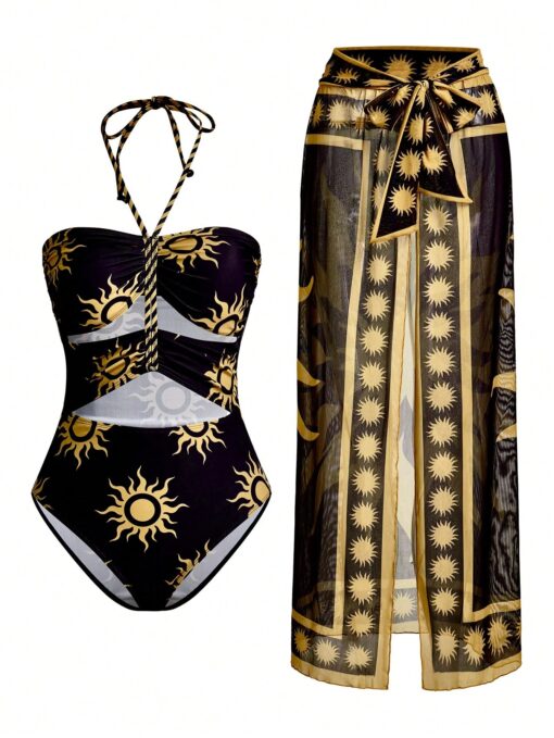 SHEIN  Sun Graphic 3-Layer Drawstring Mesh Coverup Swimsuit