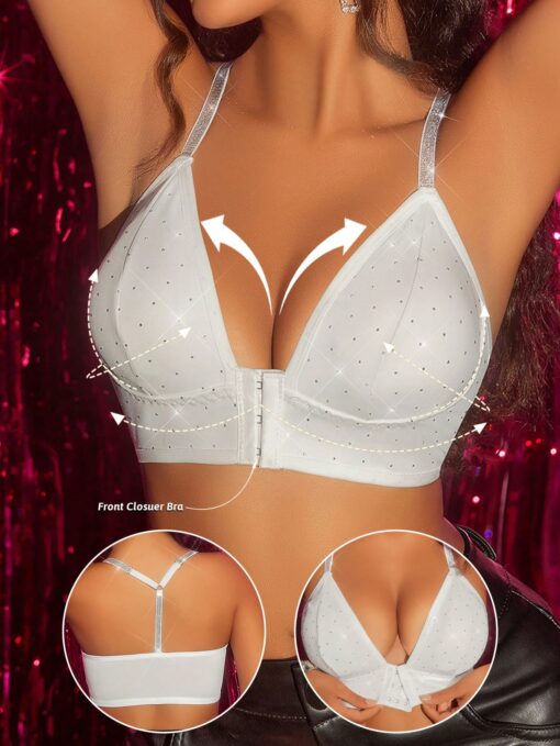 SHEIN Comfort Rhinestone Decor Front Closure Lingerie Bra
