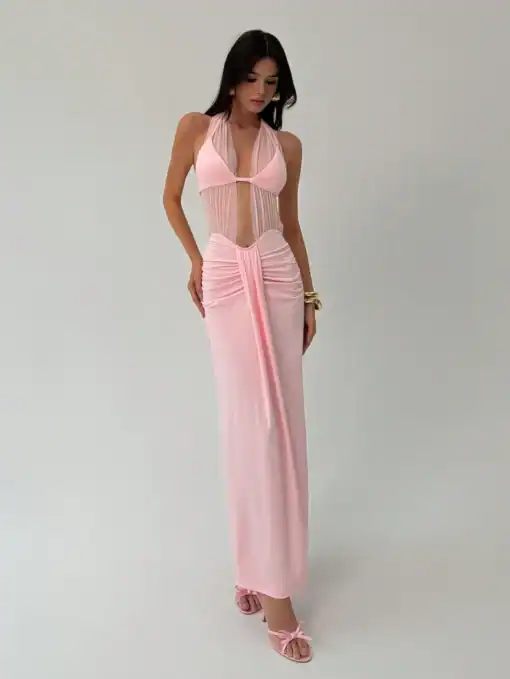 SHEIN Aloruh Women's Sexy And Elegant Waist Mesh Maxi Dress