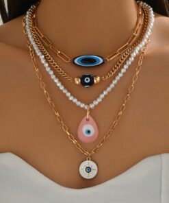 SHEIN 4pcs/Set Boho Style Luxury Multi-Layer Pearl Demon Eye Pendant Necklace Set