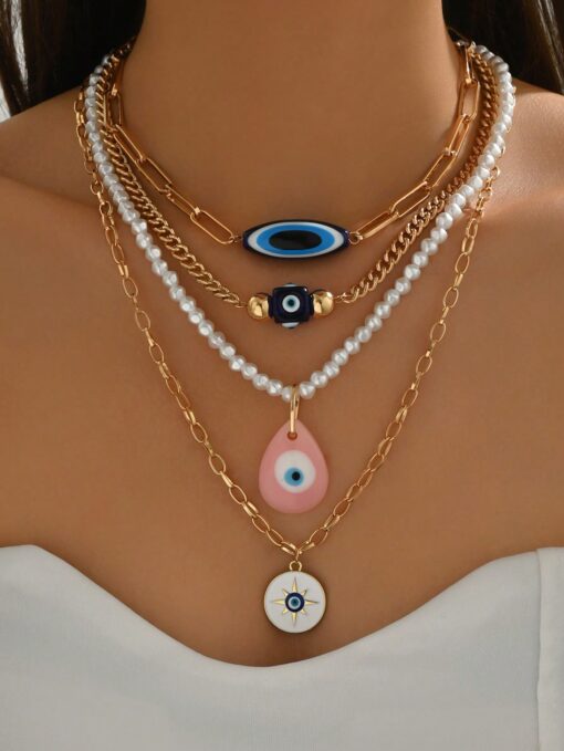 SHEIN 4pcs/Set Boho Style Luxury Multi-Layer Pearl Demon Eye Pendant Necklace Set