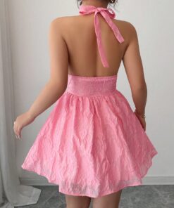 SHEIN Chiquease V-Neck Halter Fitted Textured Floral Print Short Dress