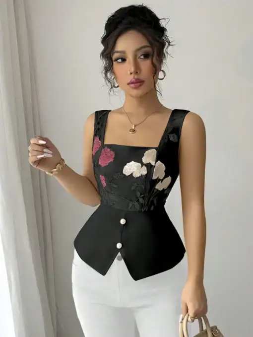 SHEIN Chiquease Women's Summer Elegant Floral Embroidered Sleeveless Blouse