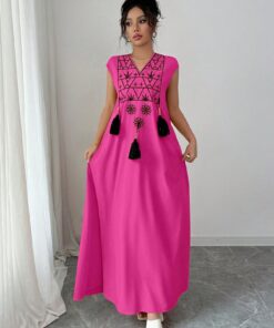 SHEIN Chiquease Women's V-Neck Embroidered Graphic Retro Print Tassel Trim Loose A-Line Maxi Dress