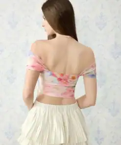 SHEIN MOD Word Shoulder Corset Mesh Pink Sfumato Flower Top