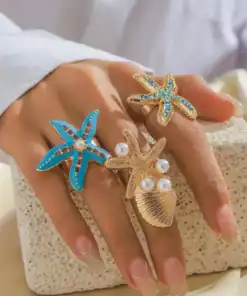 SHEIN Beach Holiday Style Shiny Rhinestone & Pearl Seashell Open Ring