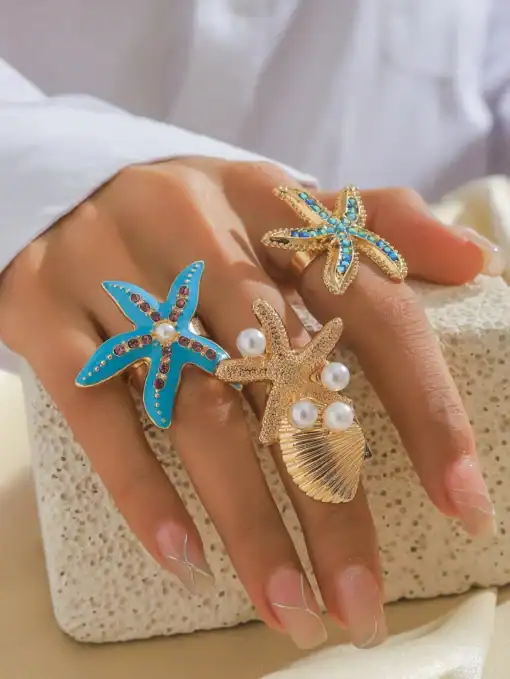 SHEIN Beach Holiday Style Shiny Rhinestone & Pearl Seashell Open Ring