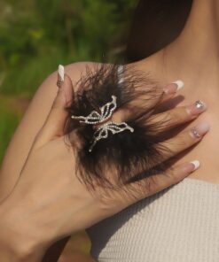 SHEIN Angelic White Feather & Rhinestone Butterfly Design Open Ring