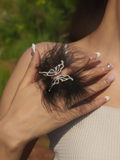 SHEIN Angelic White Feather & Rhinestone Butterfly Design Open Ring