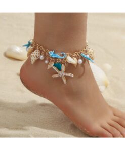 SHEIN Bohemian Beach Style Starfish And Seashell Faux Pearl Anklet Foot