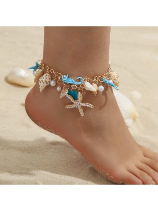 SHEIN Bohemian Beach Style Starfish And Seashell Faux Pearl Anklet Foot